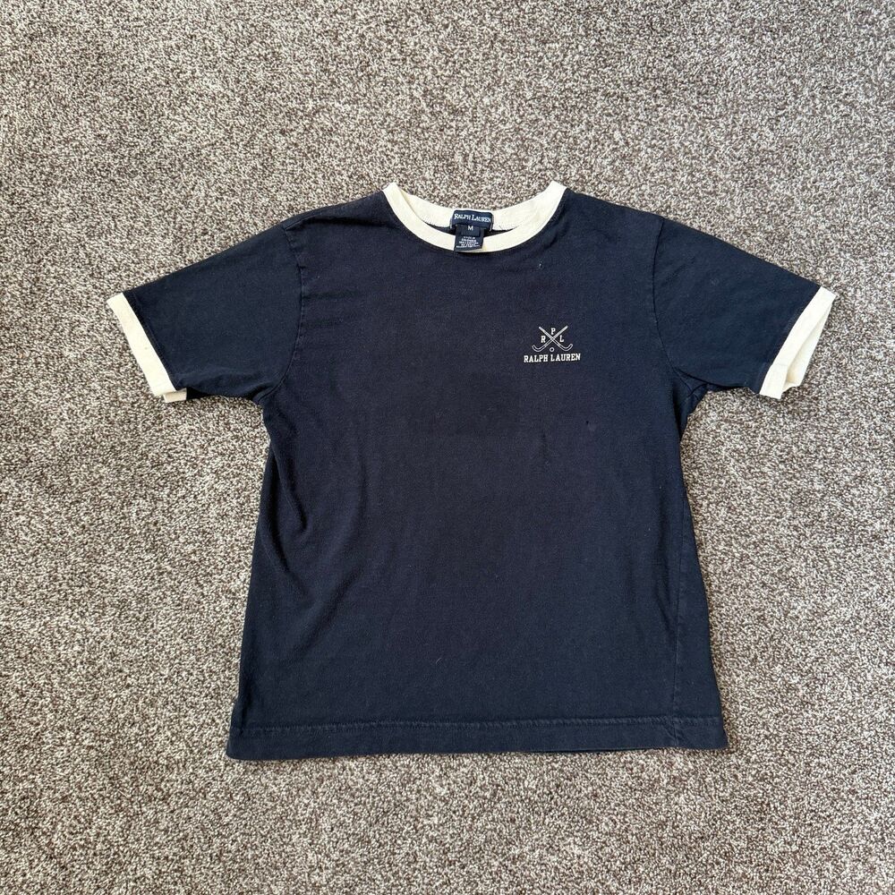 Vintage 90s Ralph Lauren PRL Crest Ringer T-Shirt Black Cream Polo Mallet XS